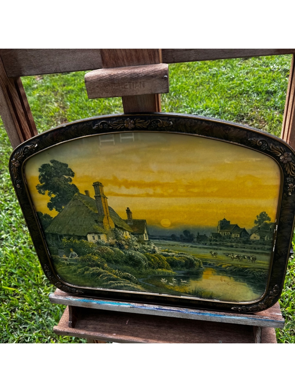 Antique pastoral cottage landscape serving tray 22x17 ornate floral border - Picture 5 of 10